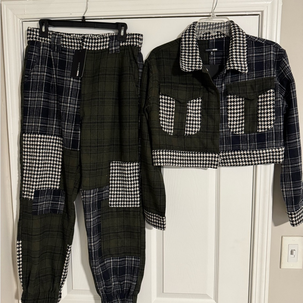 Fashion Nova Black and White Plaid Jogger Set